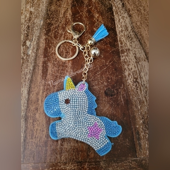 Unicorn Crystal Rhinestone Keychain Bag Charm With Blue Tassel - Picture 6 of 15